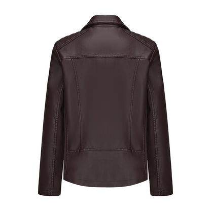 2025 Women’s Stylish Brown Faux Leather Jacket - Slim Fit, Trendy Moto Style with Zipper Detail PU Coat.