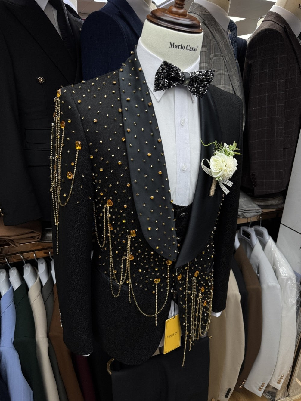 New Golden Beaded Tassel Suit Set Dancing Wear Luxury Classic Men's Suits 3 Pieces Blazer Vest Pants Wedding Groom Sets