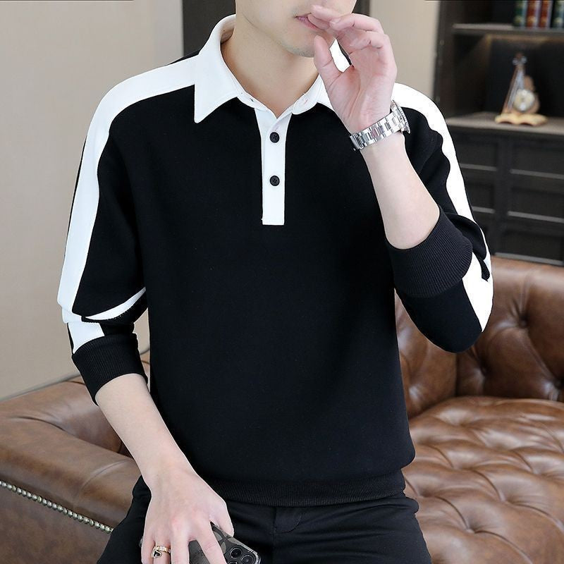 Contrast Patchwork Plus Size Korean Hoodies Sweatshirts Men Clothes Spring Autumn Polo Neck Long Sleeve Casual Top Fashion Trend