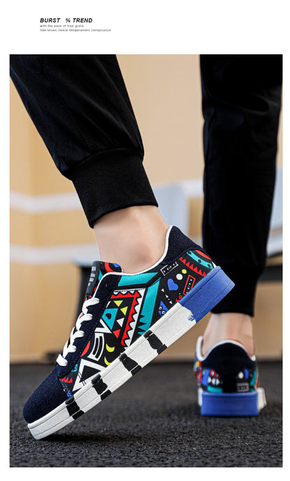 YRZL Men's Sports Running Shoes Canvas Geometric Style Lace-Up Sneakers Couples' Fashionable Graffiti Print Skate Shoes Men