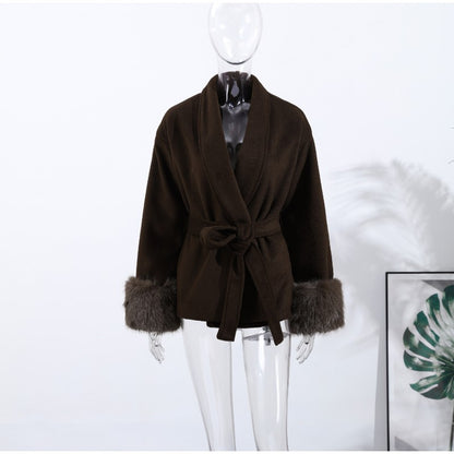 2025 Chic Lapel Plush Coat With Belt Women Vintage Solid Faux Fur Sleeve Tweed Open Coats Female Autumn Casual Street Outwear