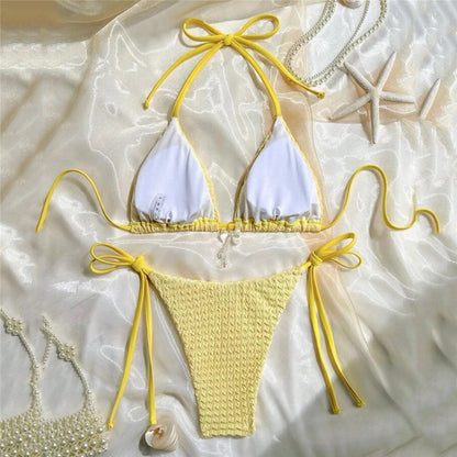 Yellow Halter String Triangle Micro Bikini Thong Solid Swimwears Micro Thong Sexy Swimsuit Women Bathing Suit Bikinis Sets 2025