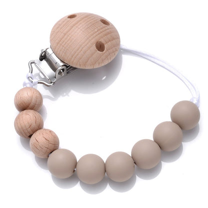 Handmade Beech Wood Baby Pacifier Chain Round Silicone Beads Infant Appease Soother Clips Anti-Drop Dummy Holder Nipple Clip