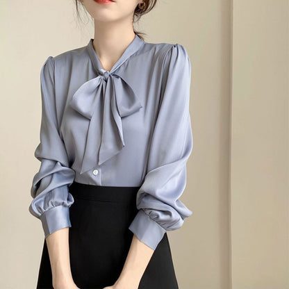 Bow Tie Chiffon Shirts Casual Long Sleeve White Blouse Women's Elegant Business Loose Blouses Ladies Spring and Autumn Chic Tops