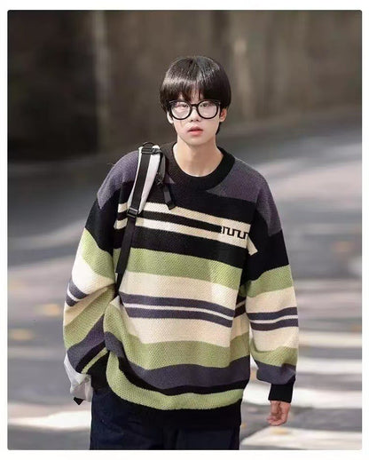 Simple Versatile Trendy Men's Crew Neck Sweater Contrasting Stripes Casual Loose Neutral Style Pullover