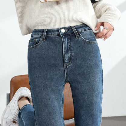 Women's Winter Fleece Warm Jeans Retro Elastic Thickened Comfortable Straight Fashion Korean Casual Female Velvet Denim Pants