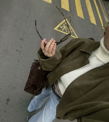 Women's Jacket Fall 2025 New Solid Color Long-Sleeved Faux Suede Loose Bomber Jacket Casual Fashion Personality Versatile