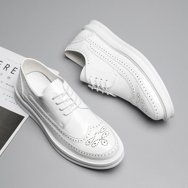 Fashion Derby Leather Men Shoes White Brogue Lace Up Solid Simple Dress Business Casual Party Wedding Flat Shoes For Man