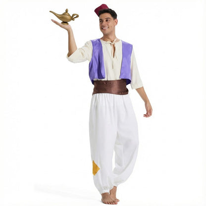 Adult Aladdin Prince Costume Halloween Cosplay Arabian Nights Party Performance Outfit Anime Costume with Genie Lamp Prop Gift