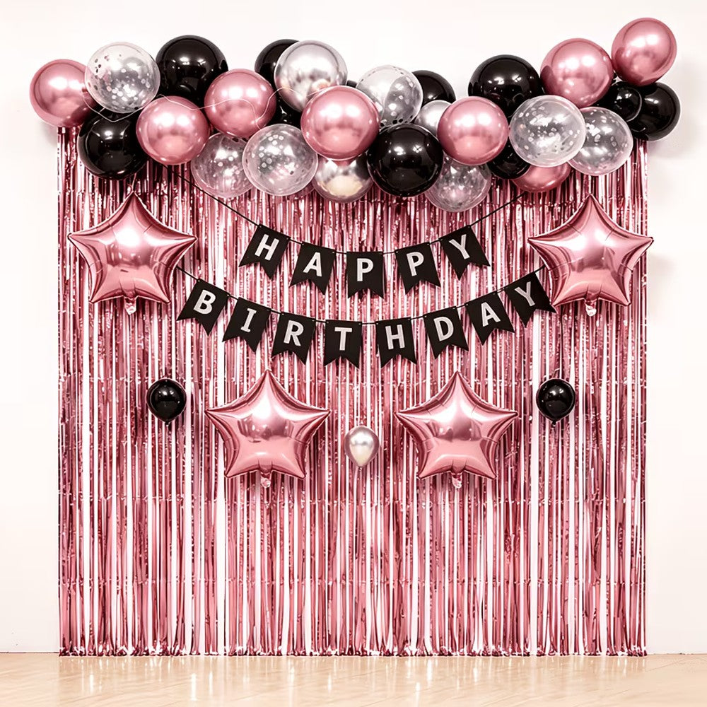 6pcs Pink Five-Pointed Star Balloon and Tassel Curtain Set, Suitable for Birthday Parties, Family Anniversaries, Engagement/Wedd