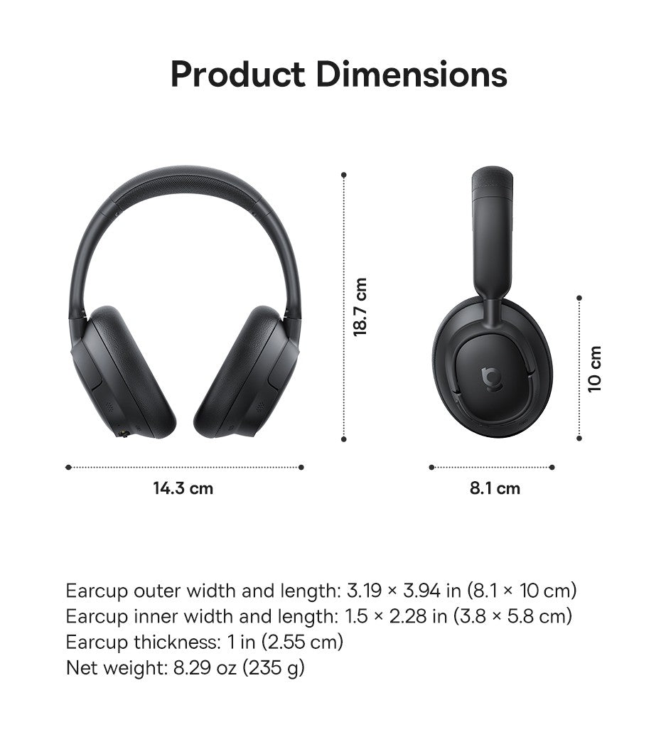 Baseus EH10 NC ANC Wireless Headphones 45dB Adaptive Hybrid Noise Cancelling Headsets Hi-Res LDAC Headphone Bluetooth 6.0 80Hrs