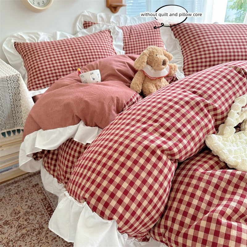 3pcs red,black plaid Duvet Cover Set (1*Duvet Cover + 2*Pillowcase, Without Core), Lace embroidery Bedding Set