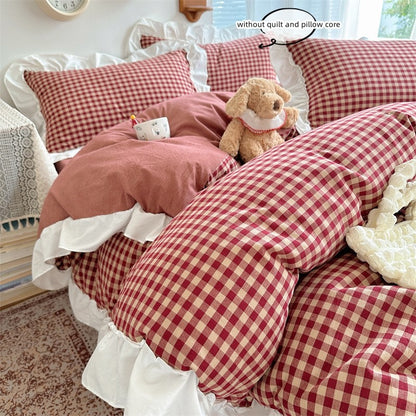 3pcs red,black plaid Duvet Cover Set (1*Duvet Cover + 2*Pillowcase, Without Core), Lace embroidery Bedding Set