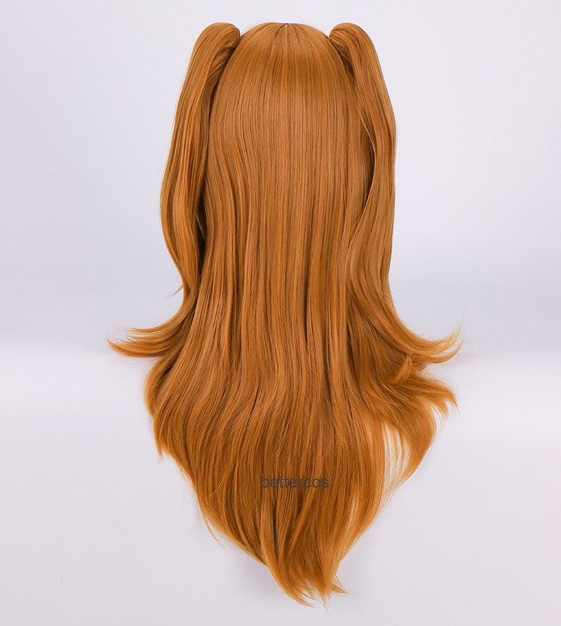 Perucas de Cosplay de Alta Qualidade EVA Asuka Langley Soryu Laranja Longa com 2 Grampos de Rabo de Cavalo Peruca de Cabelo Sintético Resistente ao Calor + Touca de Peruca