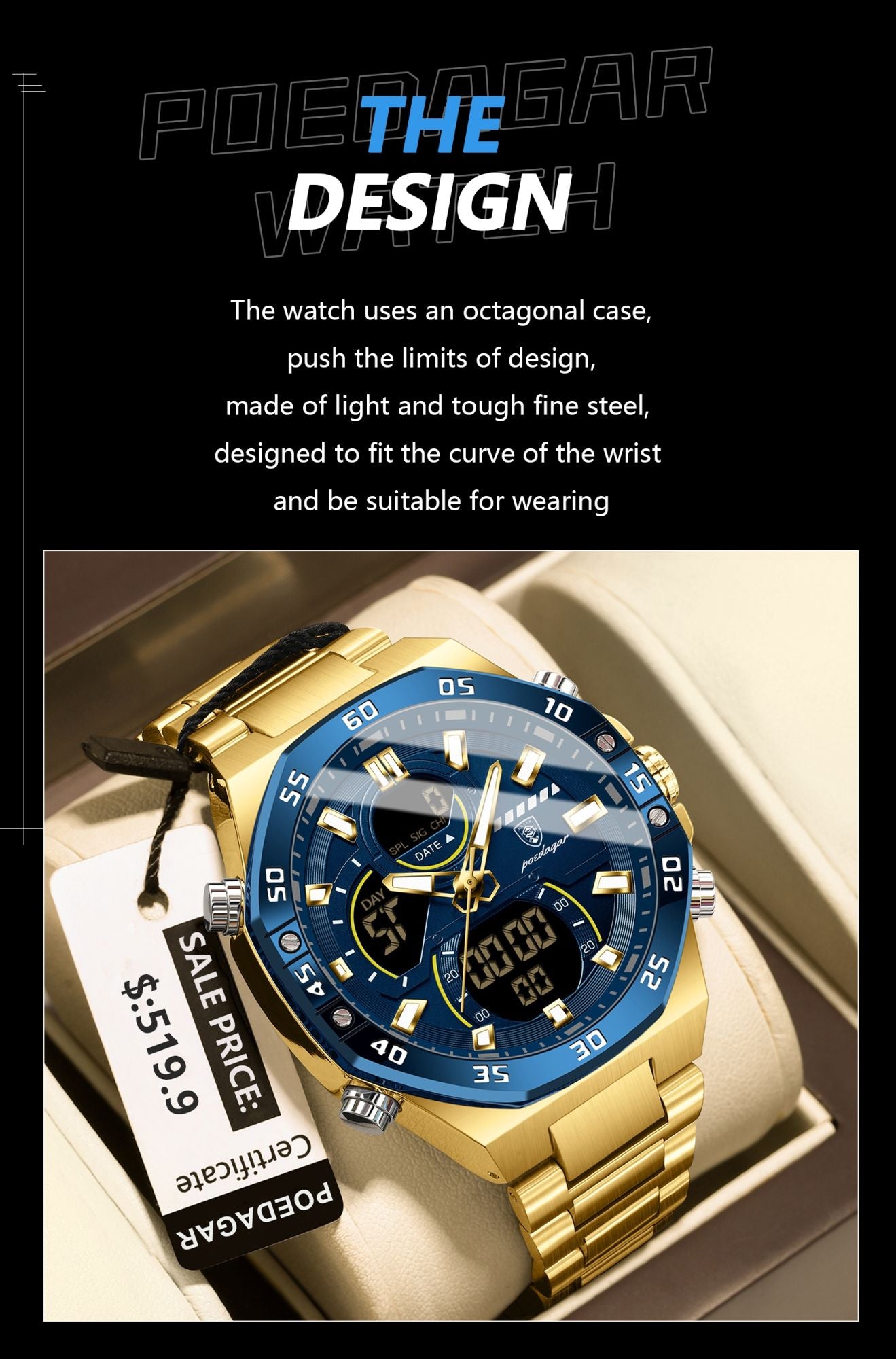 POEDAGAR Top Sport Men Clock LED Luminous Waterproof Week Date Man Watch Electronic Stainless Steel Fashion Quartz Men's Watches