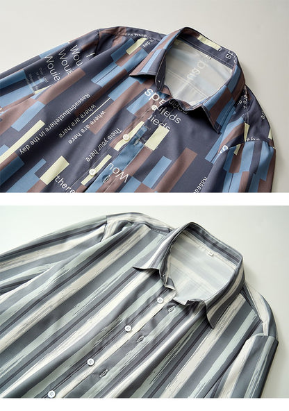 Men's White Vertical Stripe Long Sleeve Shirts, Single Breasted Lapel Shirt, Blue Gray Red Khaki Available, European Size S-XXL