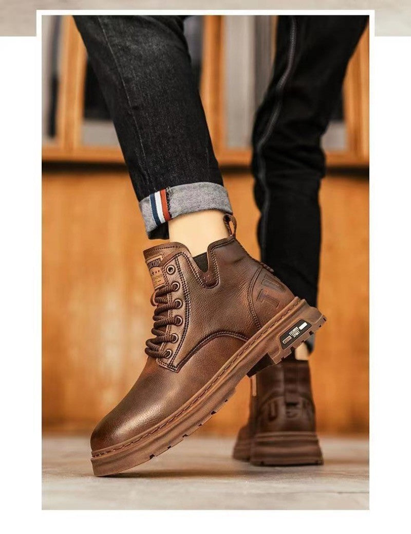 Men's Boots Fashion Motorcycle Boots High-top Casual Leather Boots for Men Plush Warm Winter Boot Non Slip Platform Boot Botas