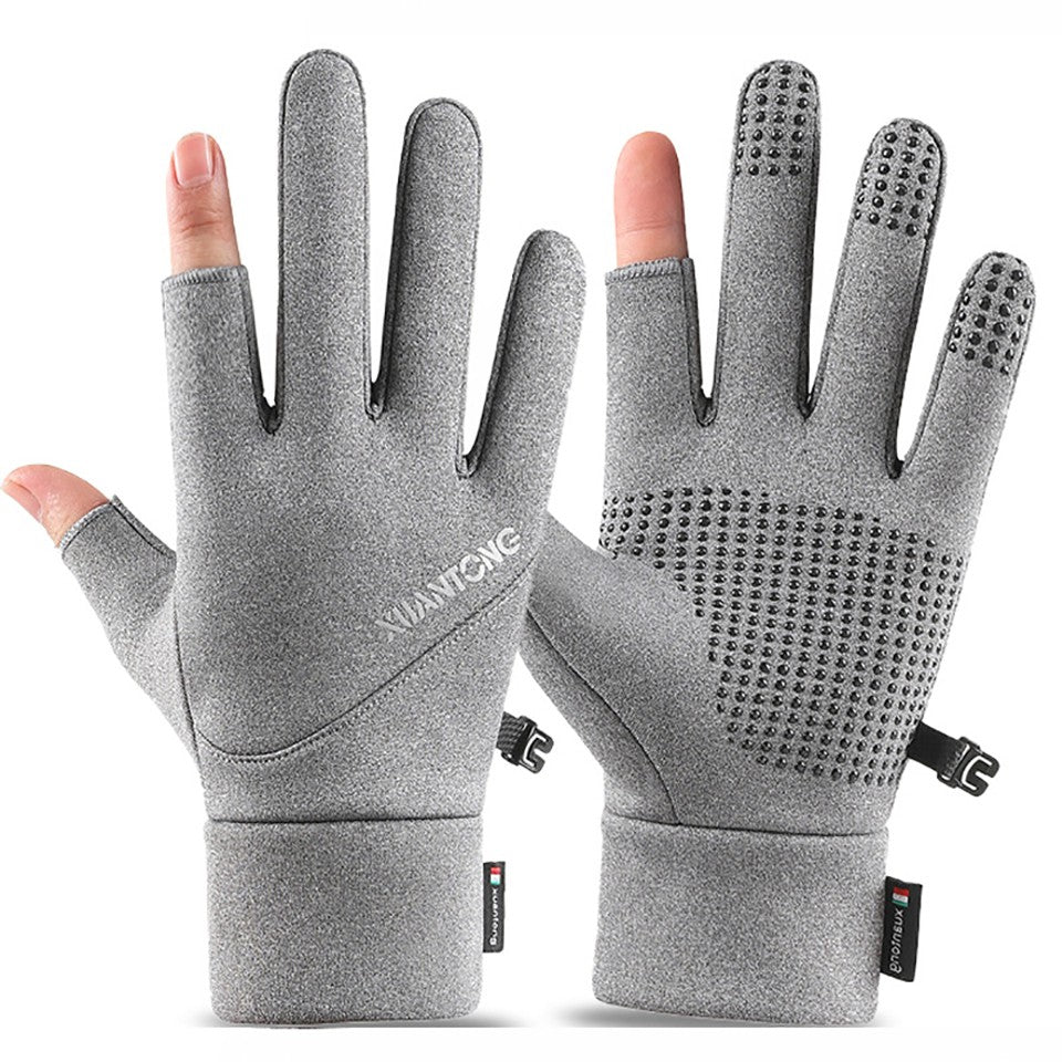 GOBYGO 1Par Luvas de Inverno com Forro de Lã para Aquecer, Luvas de Ciclismo Antiderrapantes de Silicone, Luvas de Pesca Touchscreen com Dois Dedos Expostos