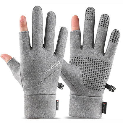 GOBYGO 1Par Luvas de Inverno com Forro de Lã para Aquecer, Luvas de Ciclismo Antiderrapantes de Silicone, Luvas de Pesca Touchscreen com Dois Dedos Expostos