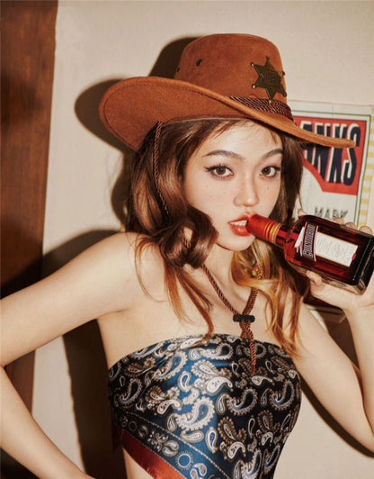 Western Cowboy Hat Retro Sheriff Cap Sunscreen With Wind Rope Hat Men And Women Horseback Riding Tourism Fishing Sunshade Cap