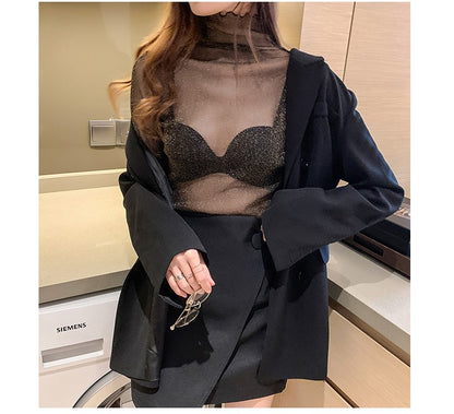 Spring Summer Women's Sexy See Through Mesh Blouse Long Sleeve Transparent Shining Elegant Shirt Fashion Women Tops 2025