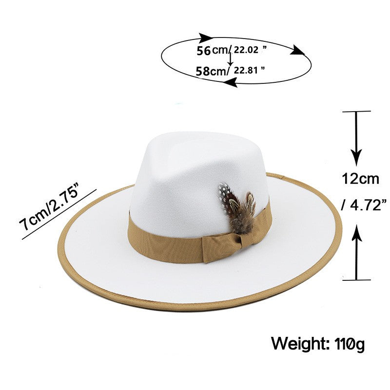 European American Fashion Feather Felt Jazz Hat Flat Wide Brim Bordered Formal Hat for Women and Men Elegant Style