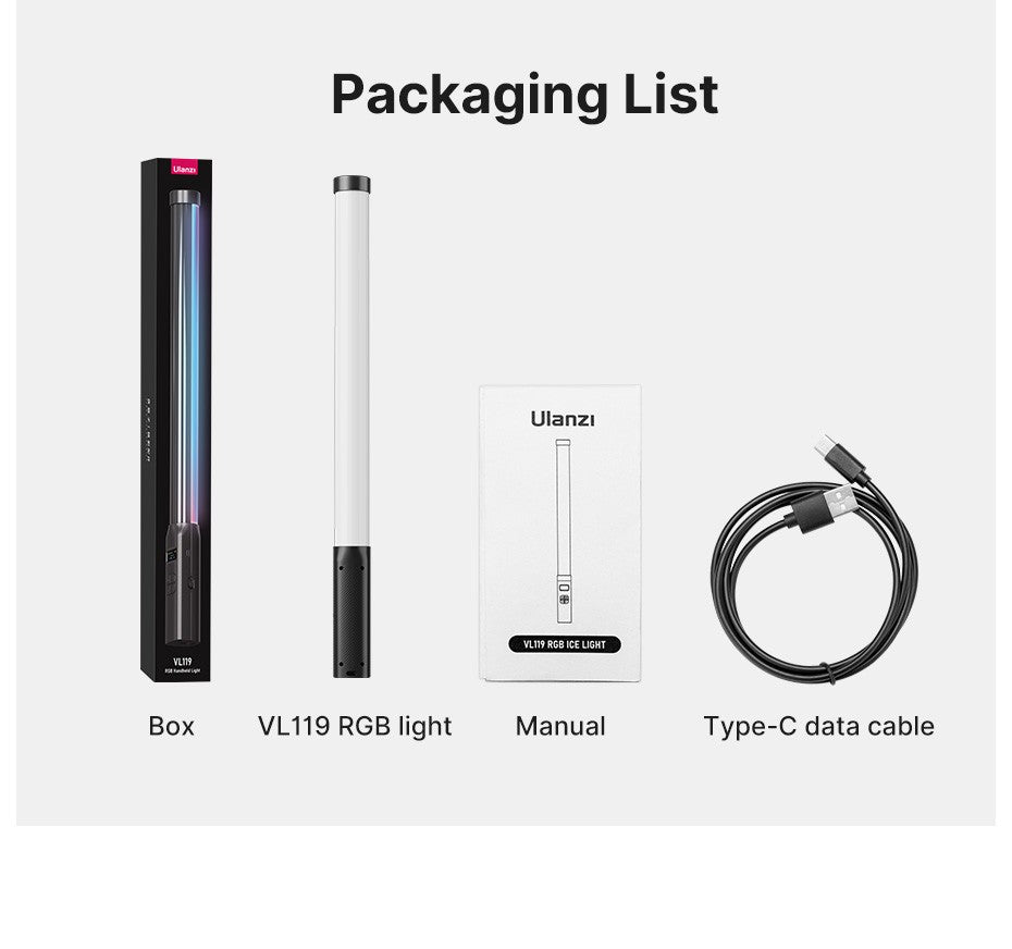 Ulanzi VL119 RGB Bastão de Luz Portátil Tubo LED Iluminação de Vídeo CRI 95+ 2500K-9000K 2000mAh Lâmpada de Preenchimento para Fotografia