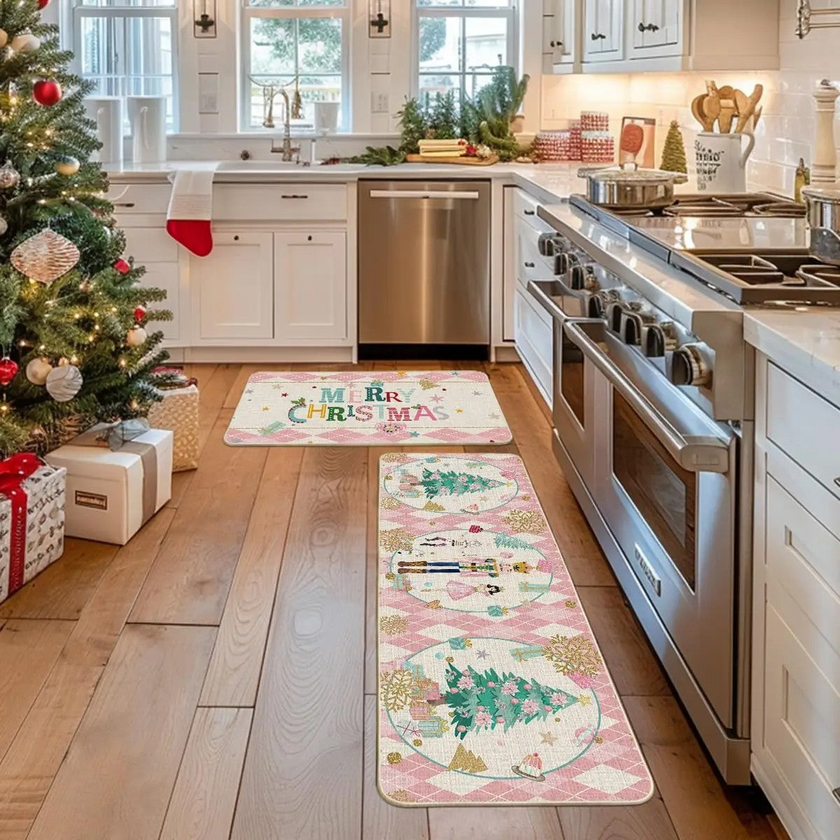 VIKAMA 2pcs Christmas Kitchen Rug - Nutcracker Christmas Happy Mat - Slip-Resistant And Easy To Clean - Home Decoration