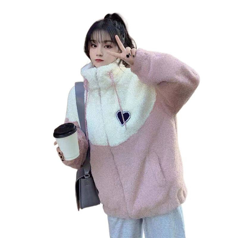 Plus Size Ladies Thickened Lamb Velvet Jacket Autumn Winter Loose Fit Splicing Cotton Coat Korean Style High School Student F...