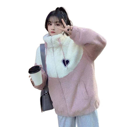 Plus Size Ladies Thickened Lamb Velvet Jacket Autumn Winter Loose Fit Splicing Cotton Coat Korean Style High School Student F...