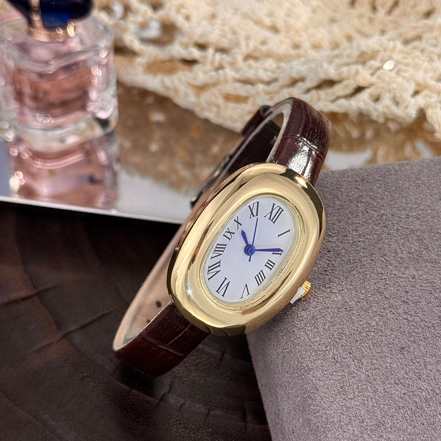Ladies' New Oval Bathtub Egg-Shaped Belt Quartz Watch Elegant Miniature Vintage-Style Wristwatch Stylish Trendsetter