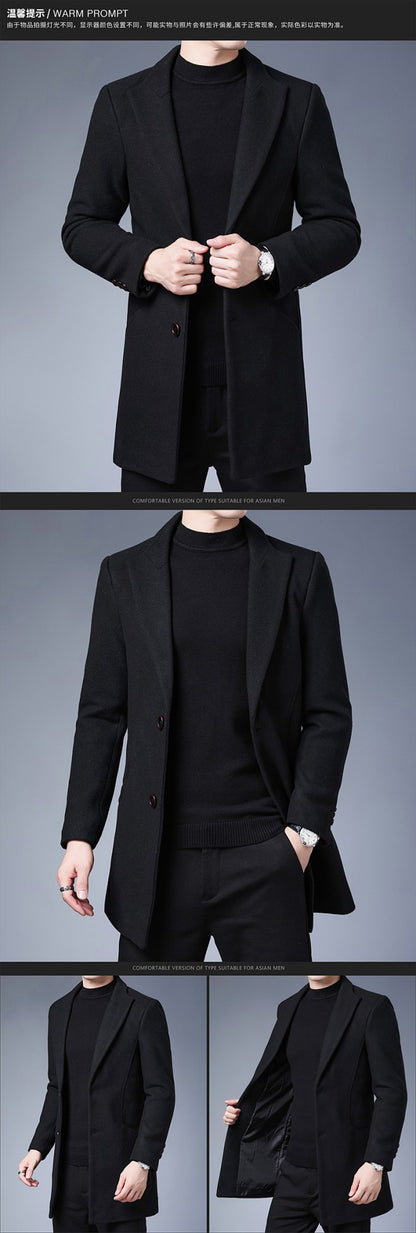 Men's Wool Blend Overcoat - Mid-Length Business Trench Coat with Notch Lapel (Tailored Contemporary Fit)