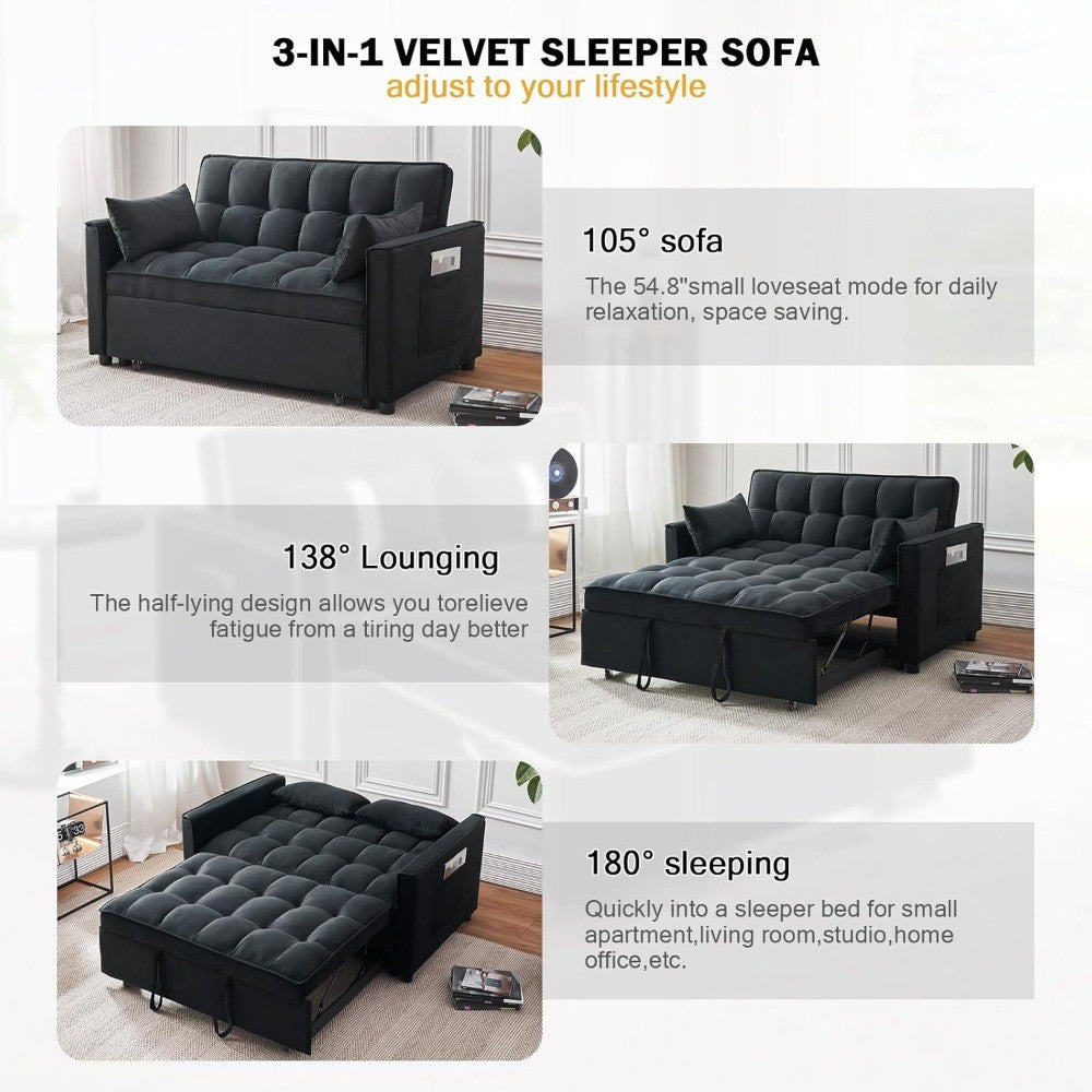 Sleeper Sofa Bed, 3-in-1 Velvet Pull Out Couch with Armrests, Storage Pockets and 2 Pillows, Adjustable Backrest, Sofa Bed Couch