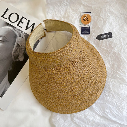 Chapéu de Sol Feminino USPOP de Verão com Aba Grande, Estilo Tiara de Ráfia, Casual e Aberto, para Praia