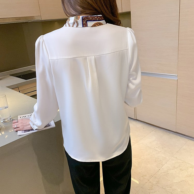 H Han Queen Spring Chiffon Simple Office Lady Blouse Female Shirt Bow Tops Long Sleeve Casual Korean OL Loose Blouses Women
