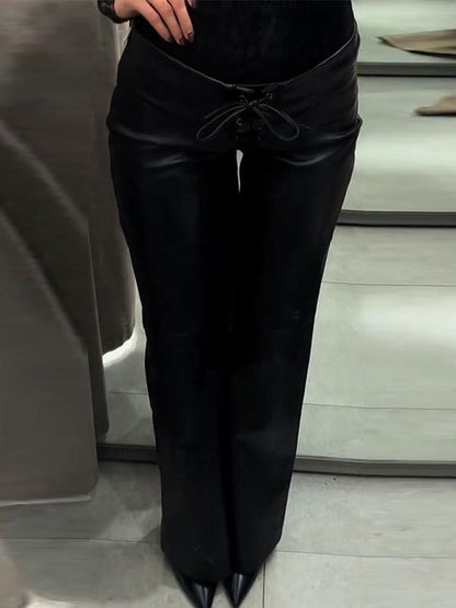 2026 New Solid Black Leather Long Pants For Women Y2K Casual Tie Up Drawstring Flared Trousers Female Chic Street Bell-bottoms