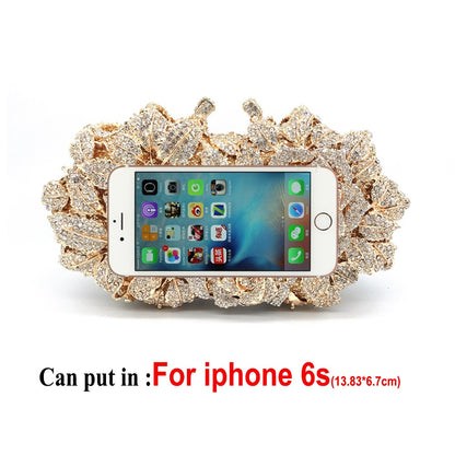 Golden Silver Luxury Crystals Evening Bags Fashion Rose Flower Diamonds Clutch Bags Soiree Purse Women Wedding Bride Handbags