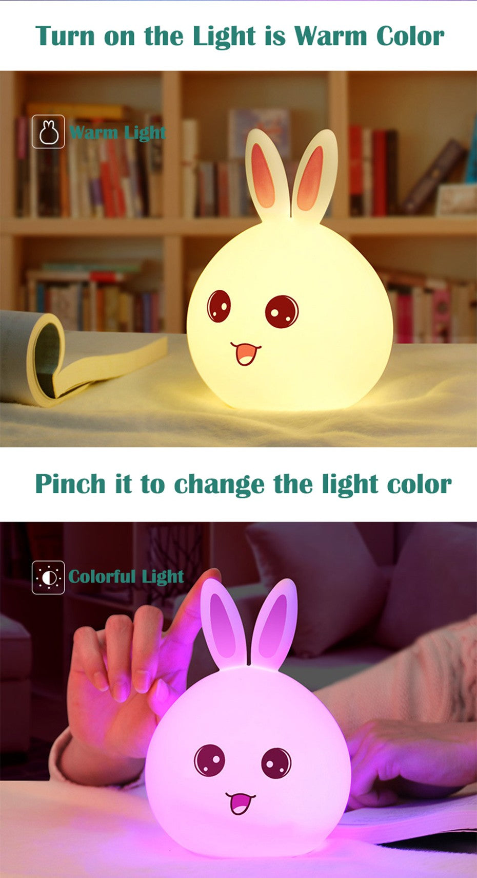 Night Light Cute Rabbit Colorful Light Voice Controlled Clap Lamp Pat Lamp Night Feeding Baby Bedroom and Kid's Christmas Gift
