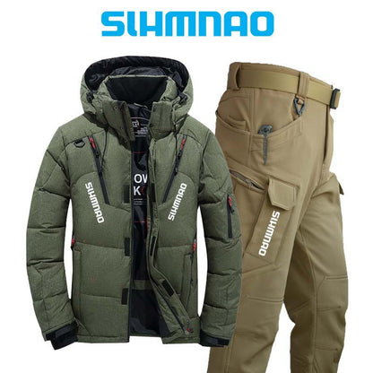 Conjunto de Pesca Quente e Resistente ao Vento e ao Frio de Inverno, Jaqueta Externa Quente, Jaqueta Grossa de Pluma de Ganso e Calças Táticas 2025
