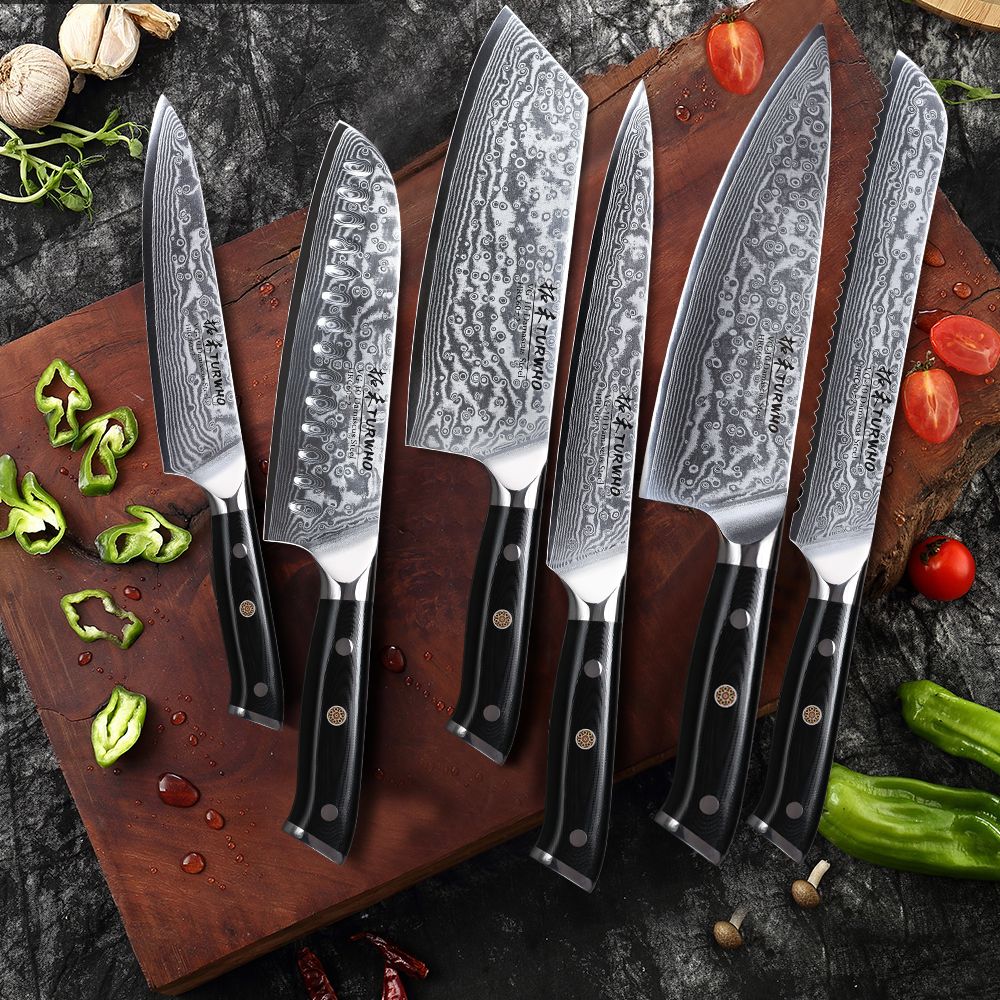 Conjunto de Facas TURWHO 1-6 Peças Aço Damasco 67 Camadas Facas de Cozinha Santoku Faca de Chef Faca Multiuso Para Pão Ferramentas de Cozinha
