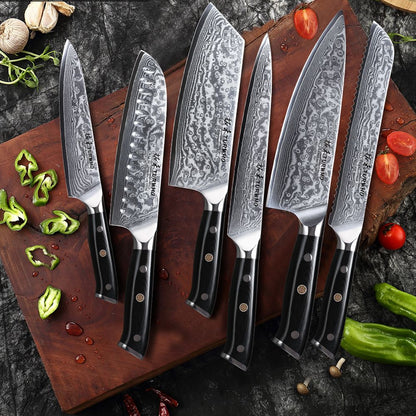 Conjunto de Facas TURWHO 1-6 Peças Aço Damasco 67 Camadas Facas de Cozinha Santoku Faca de Chef Faca Multiuso Para Pão Ferramentas de Cozinha