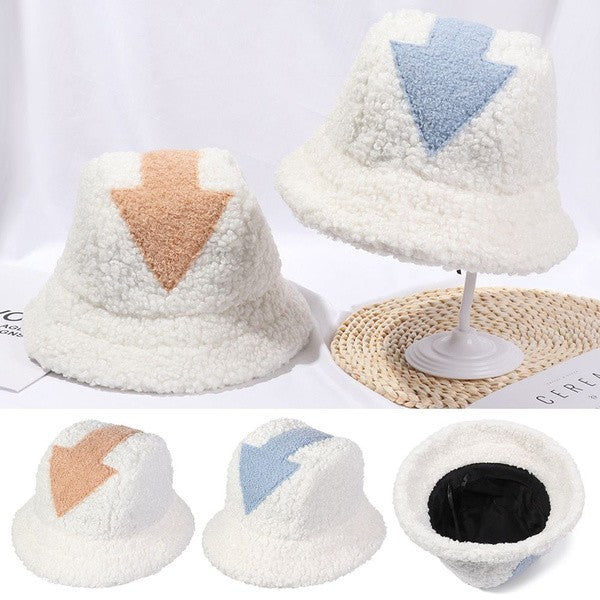 Women Appa Bucket Hat Lamb Wool Hat Winter Warm Fishing Caps Faux Fur Arrow Symbol Printed Bucket Hat for Men Tide Flat Top Hats