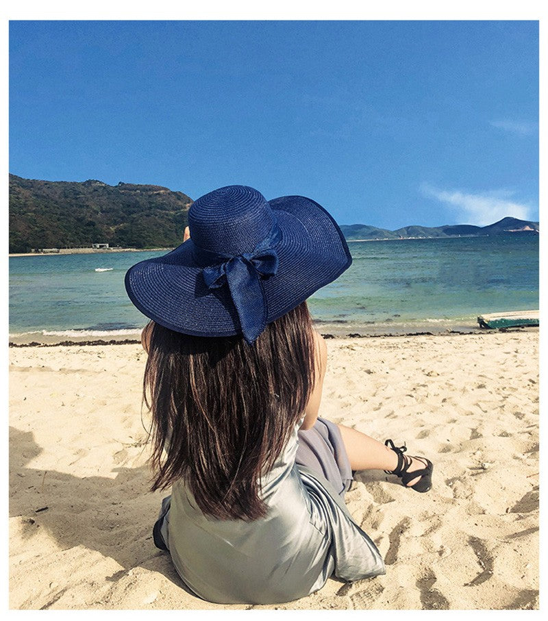 Women Summer Beach Travel Straw Hat Korean Seaside Big Hat Brim Sunblock Sunshade Holiday Foldable Fashion Big Cool Hat