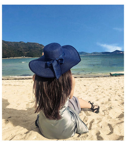 Women Summer Beach Travel Straw Hat Korean Seaside Big Hat Brim Sunblock Sunshade Holiday Foldable Fashion Big Cool Hat