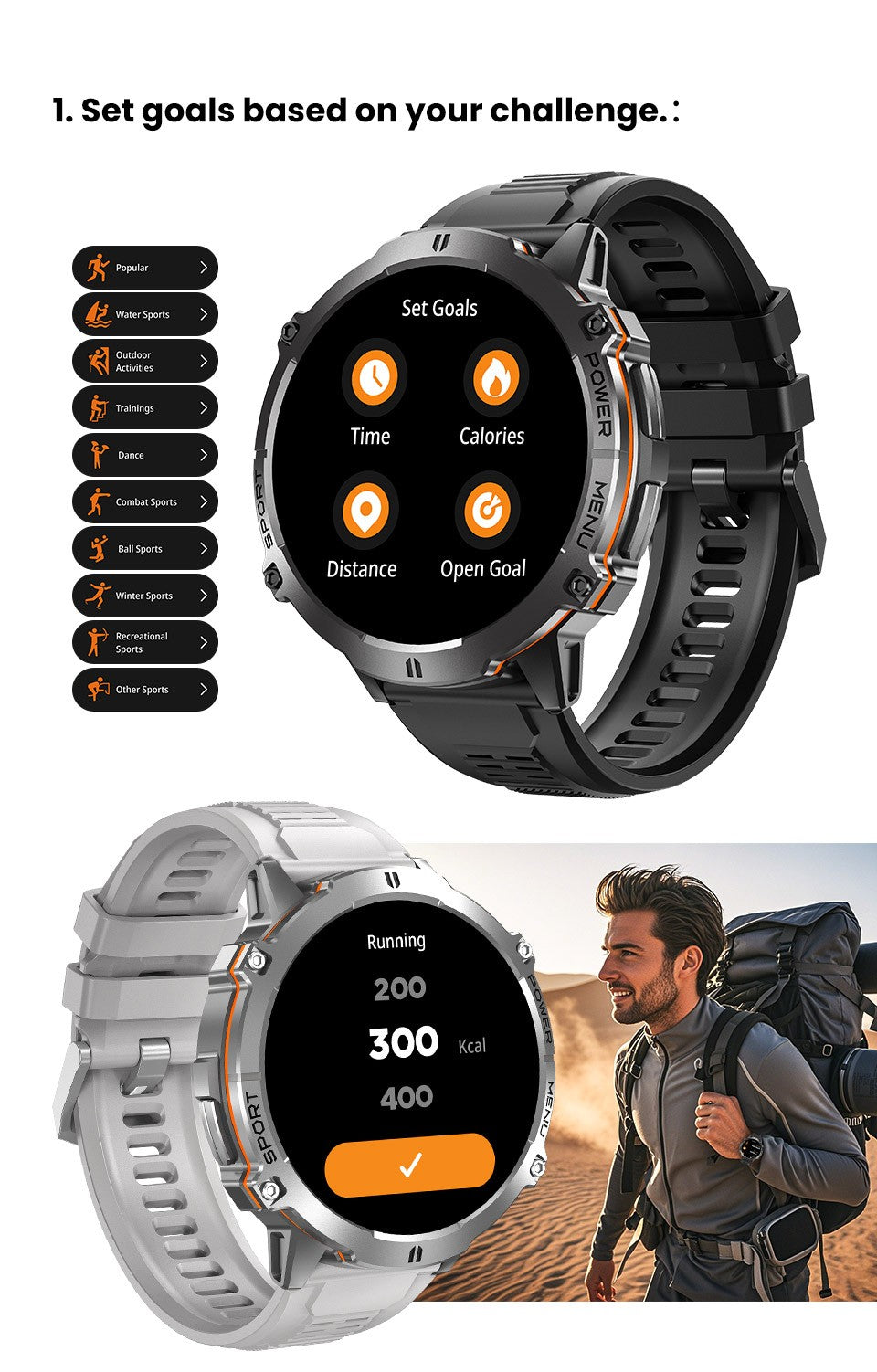 Novo relógio inteligente masculino com bateria de 1000mAh para uso externo, GPS, bússola, altímetro, à prova d'água 10ATM, frequência cardíaca, chamada BT, relógio inteligente esportivo para homem