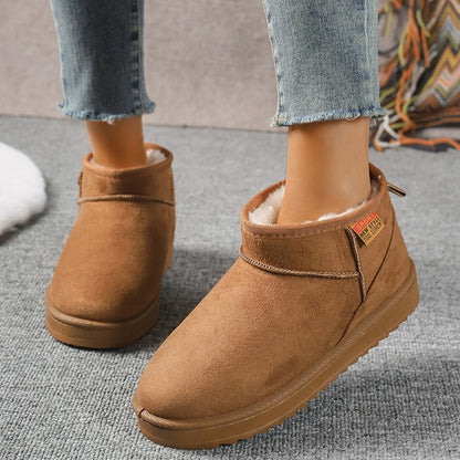 Women's Solid Color Thick Plush Snow Boots Comfortable Warm Flat Ankle Boots Woman Winter Casual Slip On Cotton Shoes Plus Size