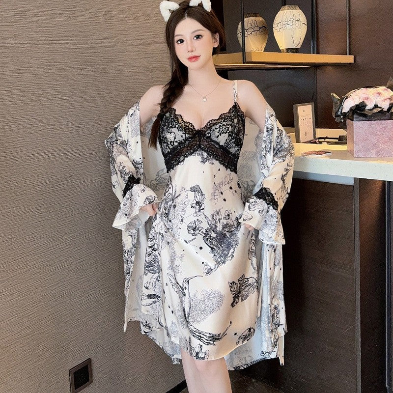 Sexy Nightwear for Women: Premium Ice Silk Strapless Camisole Nightgown Set Pure Desire Nightdress Homewear