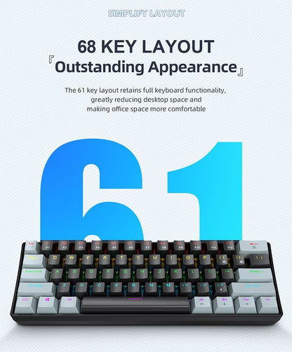 Teclado Mecânico RGB de 61 Teclas com Fio K61 Mini Teclado Portátil 60% Preto, Branco, Switches Vermelho/Azul para Jogos/Trabalho