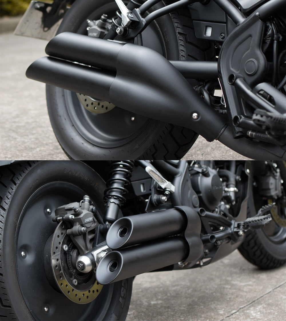 For the CM300/Rebel 300 modification the stainless steel exhaust tail section dual-tube muffler is installed at the rear section