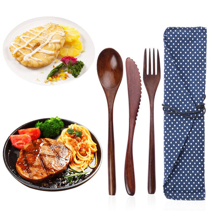 Conjunto de Talheres de Madeira Colher Garfo Cortador Reutilizável Madeira Bambu com Bolsa Portátil Louça Utensílios de Mesa Material para Almoço Estudantil